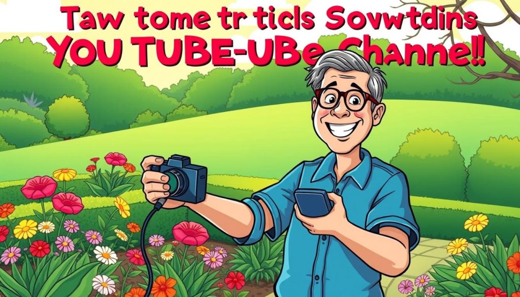 A vibrant and whimsical illustration of a person enthusiastically starting their gardening-themed YouTube channel. The foreground features a cheerful individual, possibly a middle-aged adult, excitedly holding a camera and recording themselves amid a lush, colorful garden setting. The background showcases a verdant landscape dotted with blooming flowers, neatly trimmed hedges, and a bright, sunny sky. The overall atmosphere conveys a sense of joy, creativity, and the excitement of embarking on a new gardening-focused YouTube journey. The illustration has a playful, cartoon-like style with exaggerated expressions and bold, vibrant colors to capture the spirit of this new venture. A vibrant and whimsical illustration of a person enthusiastically starting their gardening-themed YouTube channel. The foreground features a cheerful individual, possibly a middle-aged adult, excitedly holding a camera and recording themselves amid a lush, colorful garden setting. The background showcases a verdant landscape dotted with blooming flowers, neatly trimmed hedges, and a bright, sunny sky. The overall atmosphere conveys a sense of joy, creativity, and the excitement of embarking on a new gardening-focused YouTube journey. The illustration has a playful, cartoon-like style with exaggerated expressions and bold, vibrant colors to capture the spirit of this new venture.