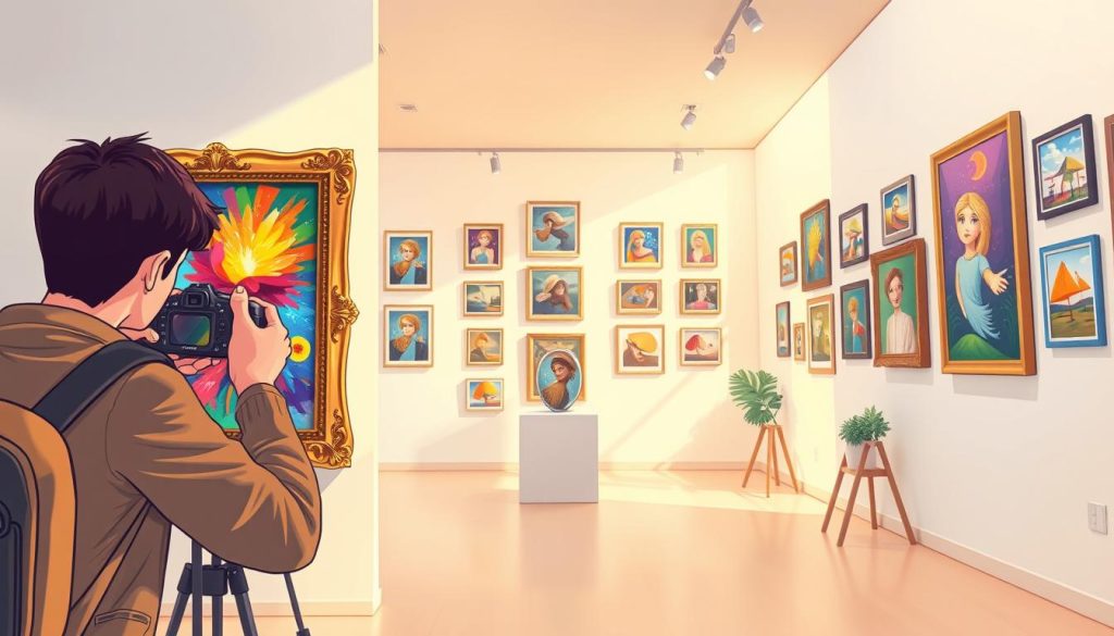 A vibrant and whimsical illustration showcasing the artistry of photography and the display of artistic works. In the foreground, a photographer captures the essence of a colorful and dynamic painting, framed by an ornate golden border. In the middle ground, a gallery-like setting with sleek white walls showcases an array of framed artworks, each radiating a unique personality. The background blends soft pastel hues, creating a dreamlike atmosphere that enhances the creative and imaginative spirit of the scene. Warm, natural lighting casts a gentle glow, highlighting the textures and details of the artworks. The overall composition conveys a sense of celebration, inviting the viewer to immerse themselves in the captivating world of artistic expression.