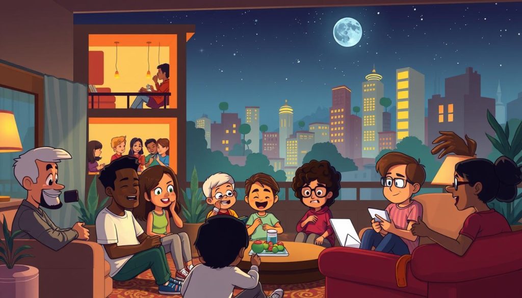 A vibrant and whimsical scene featuring a diverse cast of cartoon characters sharing their personal stories. In the foreground, a group of animated figures sit around a cozy living room, engaged in lively discussions, their expressive faces and gestures conveying a range of emotions. The middle ground showcases a mix of indoor and outdoor settings, with characters of all ages and backgrounds gathering to recount their life experiences. In the background, a softly lit urban landscape with stylized buildings and a starry night sky creates a dreamlike, introspective atmosphere. Warm lighting and a muted color palette evoke a sense of intimacy and nostalgia, inviting the viewer to immerse themselves in these captivating narratives.
