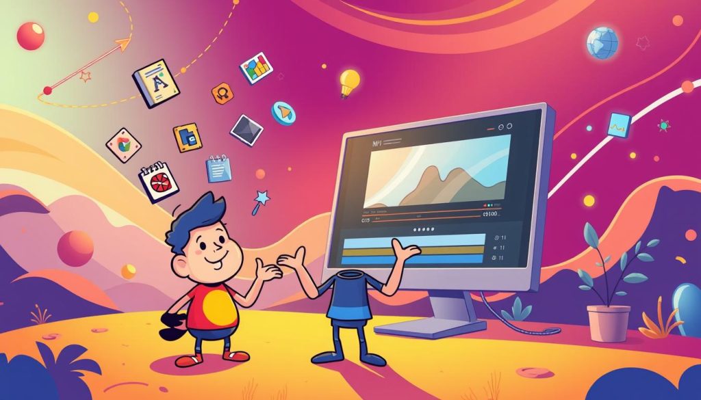A vibrant and whimsical scene of video optimization. In the foreground, a colorful character, perhaps an animator or video editor, gestures expressively while surrounded by floating icons and tools representing various video editing tasks. The middle ground features a stylized computer monitor displaying a video timeline, with playback controls and visual effects. In the background, a dynamic and abstract landscape of swooping lines, geometric shapes, and playful visual elements, all bathed in a warm, cinematic lighting that evokes a sense of creativity and productivity. The overall mood is one of playfulness, efficiency, and the joy of perfecting one's craft. A vibrant and whimsical scene of video optimization. In the foreground, a colorful character, perhaps an animator or video editor, gestures expressively while surrounded by floating icons and tools representing various video editing tasks. The middle ground features a stylized computer monitor displaying a video timeline, with playback controls and visual effects. In the background, a dynamic and abstract landscape of swooping lines, geometric shapes, and playful visual elements, all bathed in a warm, cinematic lighting that evokes a sense of creativity and productivity. The overall mood is one of playfulness, efficiency, and the joy of perfecting one's craft.