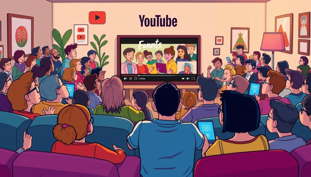 A vibrant, animated illustration depicting a lively crowd engaged in a YouTube channel's content. Colorful, expressive characters sitting on comfortable sofas or armchairs, their eyes glued to their screens, captivated by the engaging storytelling and heartfelt memories shared on the screen. The foreground showcases the diverse audience, with people of various ages, ethnicities, and backgrounds, all united in their shared experience. The middle ground features the channel's branding and visuals, with a warm, inviting aesthetic that draws the viewer in. The background sets the scene, perhaps a cozy living room or a friendly community space, further enhancing the sense of comfort and connection. The overall mood is one of excitement, interactivity, and a deep appreciation for the channel's content, reflecting the goal of increasing viewership and audience engagement.