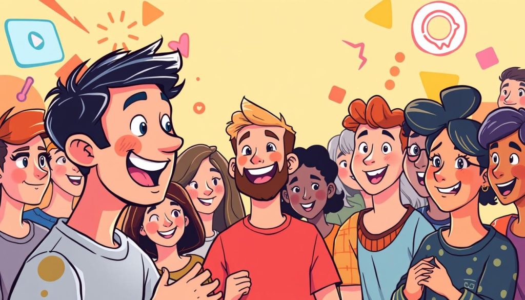 A vibrant, animated illustration showcasing a charismatic YouTuber engaging with a captivated audience. The foreground features the YouTuber, their facial expressions and body language conveying an energetic, personable demeanor. The middle ground depicts a diverse group of viewers, their faces alight with enthusiasm and interest. The background frames the scene with stylized elements, such as dynamic shapes, playful patterns, and a warm, inviting color palette, creating a visually striking and visually engaging composition. The lighting is soft and flattering, highlighting the personalities of the characters. The overall tone is upbeat, fun, and visually compelling, reflecting the excitement and potential of building a successful YouTube channel.