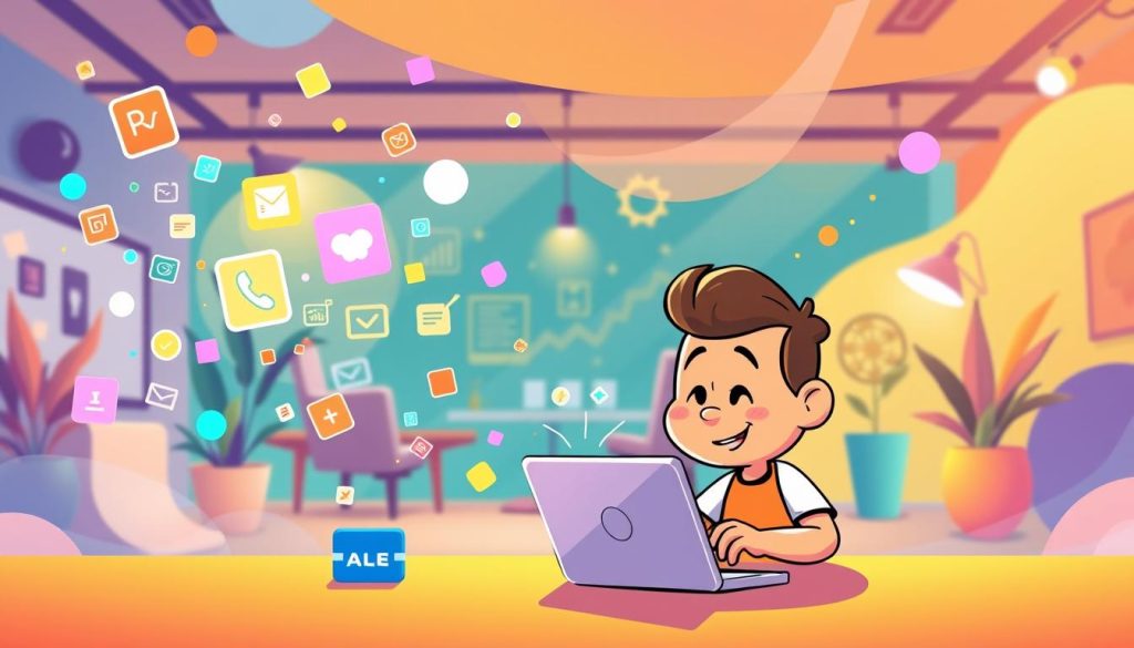 A vibrant, animated illustration showcasing the process of content updating. In the foreground, a playful character, perhaps a friendly mascot, diligently works on a laptop, surrounded by a flurry of digital elements like colorful icons, graphs, and data streams. The middle ground features a backdrop of a modern office or creative workspace, with stylized furniture and decor, all bathed in a warm, inviting lighting. The background seamlessly blends dynamic shapes, gradients, and abstract patterns, creating a sense of energy and progression. The overall mood is one of productivity, creativity, and the continuous evolution of digital content.
