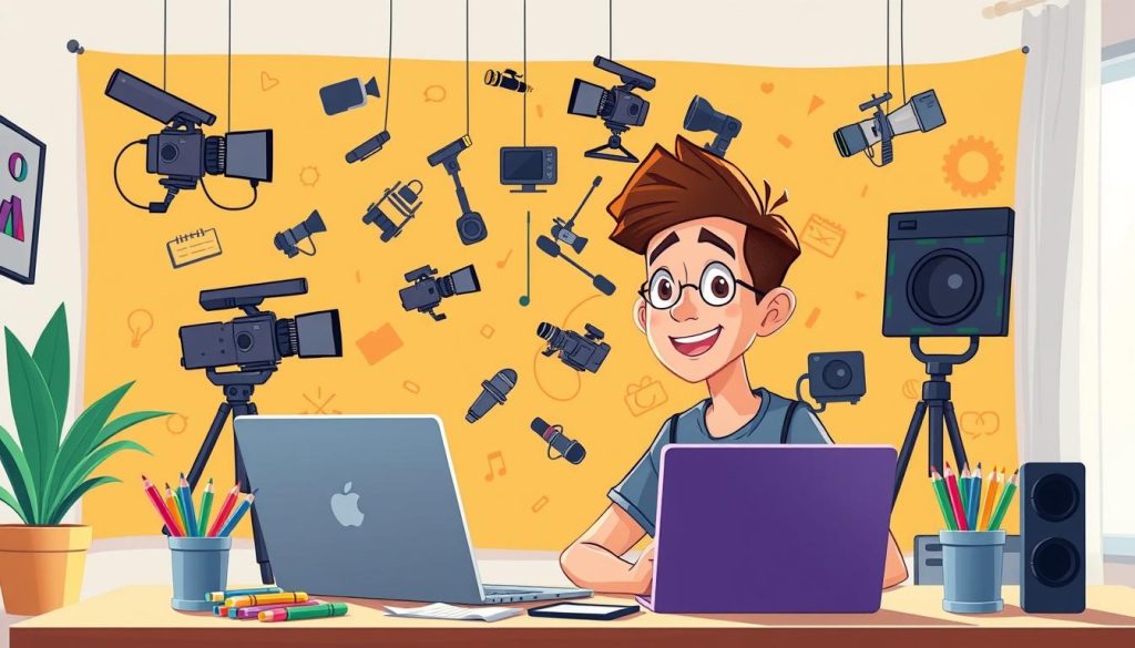A vibrant, animated scene depicting the process of content creation. In the foreground, a young content creator sits at a desk, surrounded by a variety of creative tools - a laptop, a stylish camera, and an array of colorful markers and sketchpads. The middle ground features a dynamic backdrop, with whimsical illustrations of video cameras, microphones, and other multimedia equipment floating in the air, as if suspended by invisible strings. In the background, a warm, energetic atmosphere with playful patterns and geometric shapes, creating a sense of movement and inspiration. The lighting is soft and natural, casting a gentle glow over the entire scene, reflecting the passion and creativity of the content creation process.