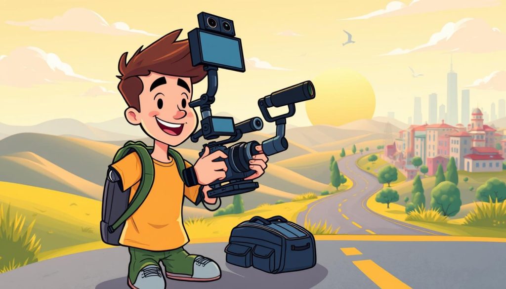 A vibrant, animated scene of a person enthusiastically setting up a vlogging setup for sports travel adventures. In the foreground, a friendly, cartoon-style character is unpacking camera gear, microphones, and a gimbal stabilizer, preparing to capture dynamic footage. The middle ground showcases a lively, sun-drenched landscape with rolling hills, a winding road, and hints of sports activities in the distance. The background features a colorful, stylized city skyline, suggesting the global reach of these travel vlog explorations. The overall mood is one of excitement, energy, and a sense of exploration, perfectly capturing the spirit of embarking on a sports travel vlogging journey. A vibrant, animated scene of a person enthusiastically setting up a vlogging setup for sports travel adventures. In the foreground, a friendly, cartoon-style character is unpacking camera gear, microphones, and a gimbal stabilizer, preparing to capture dynamic footage. The middle ground showcases a lively, sun-drenched landscape with rolling hills, a winding road, and hints of sports activities in the distance. The background features a colorful, stylized city skyline, suggesting the global reach of these travel vlog explorations. The overall mood is one of excitement, energy, and a sense of exploration, perfectly capturing the spirit of embarking on a sports travel vlogging journey.