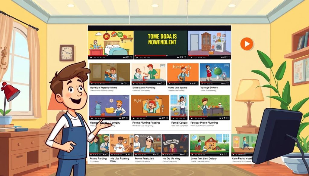 A vibrant, animated scene showcasing a diverse range of video content for an engaging YouTube channel. In the foreground, a friendly, cartoon-style host interacts with viewers, demonstrating various home repair and maintenance techniques. The middle ground features a colorful array of video thumbnails, each representing a different topic, from plumbing and electrical issues to home decor and gardening. The background depicts a cozy, welcoming home environment, with warm lighting and subtle details that convey a sense of approachability and expertise. The overall composition captures the essence of creating varied, audience-focused content for a thriving YouTube channel dedicated to household solutions.