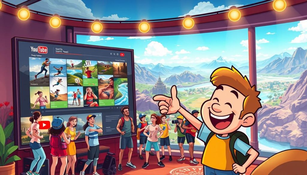 A vibrant, animated scene showcasing the benefits of a YouTube channel focused on sports travel. In the foreground, a friendly, cartoon-style figure excitedly points to a large, colorful screen displaying various travel destinations and thrilling sports events. The middle ground features a diverse array of people, each with unique personalities, engaged in a range of athletic activities, from hiking to water sports, all with a sense of joy and adventure. The background depicts a panoramic landscape of stunning natural vistas, from majestic mountains to serene beaches, creating a visually captivating and inspiring atmosphere. The lighting is warm and inviting, with a touch of whimsy, perfectly capturing the excitement and wonder of exploring the world through a sports travel-themed YouTube channel. A vibrant, animated scene showcasing the benefits of a YouTube channel focused on sports travel. In the foreground, a friendly, cartoon-style figure excitedly points to a large, colorful screen displaying various travel destinations and thrilling sports events. The middle ground features a diverse array of people, each with unique personalities, engaged in a range of athletic activities, from hiking to water sports, all with a sense of joy and adventure. The background depicts a panoramic landscape of stunning natural vistas, from majestic mountains to serene beaches, creating a visually captivating and inspiring atmosphere. The lighting is warm and inviting, with a touch of whimsy, perfectly capturing the excitement and wonder of exploring the world through a sports travel-themed YouTube channel.