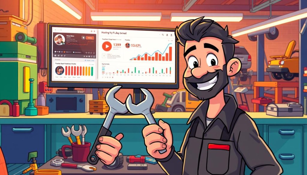 A vibrant, animated scene showcasing the best practices for growing a YouTube channel focused on automotive vlogs and behind-the-scenes repairs. In the foreground, a confident mechanic holds a wrench, surrounded by a colorful array of tools and auto parts. In the middle ground, a computer screen displays analytics and subscriber growth, while in the background, a bustling workshop with various vehicles undergoing maintenance. The lighting is warm and inviting, creating an atmosphere of productivity and excitement. The overall composition conveys a sense of progression, highlighting the key steps to elevating a specialized YouTube channel.