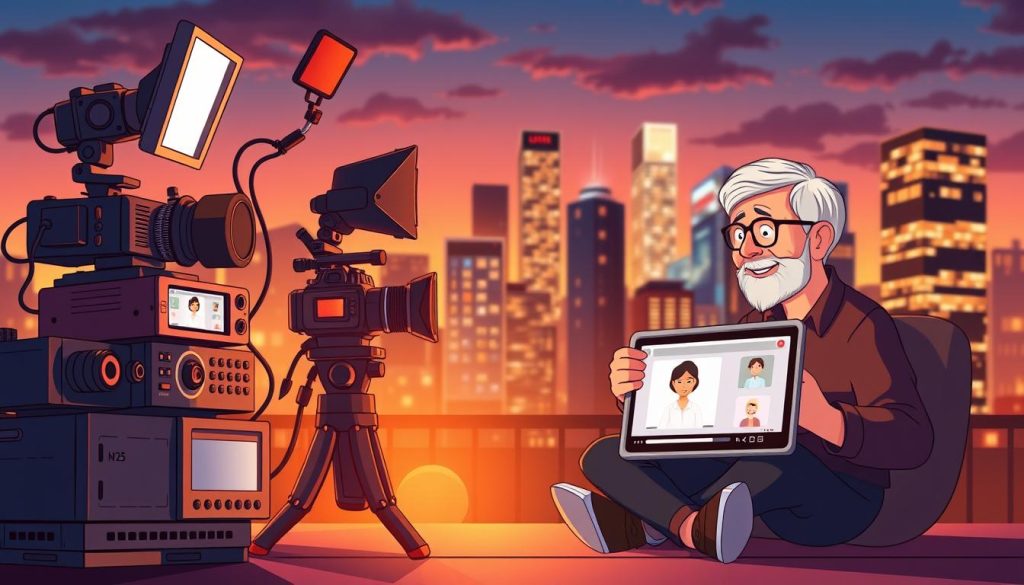 A vibrant, animated video thumbnail showcasing a series of icons and graphics representing key elements of a successful YouTube channel. In the foreground, a stack of professional video cameras and lighting equipment, symbolizing high-quality video production. In the middle ground, a character of an older adult learner, engaged and enthusiastic, watching a tutorial video on a laptop. In the background, a city skyline with skyscrapers, conveying the scale and reach of a thriving online educational platform. The scene is bathed in warm, cinematic lighting, creating a sense of inspiration and empowerment. The overall mood is one of excitement, professionalism, and the promise of personal growth and career development.