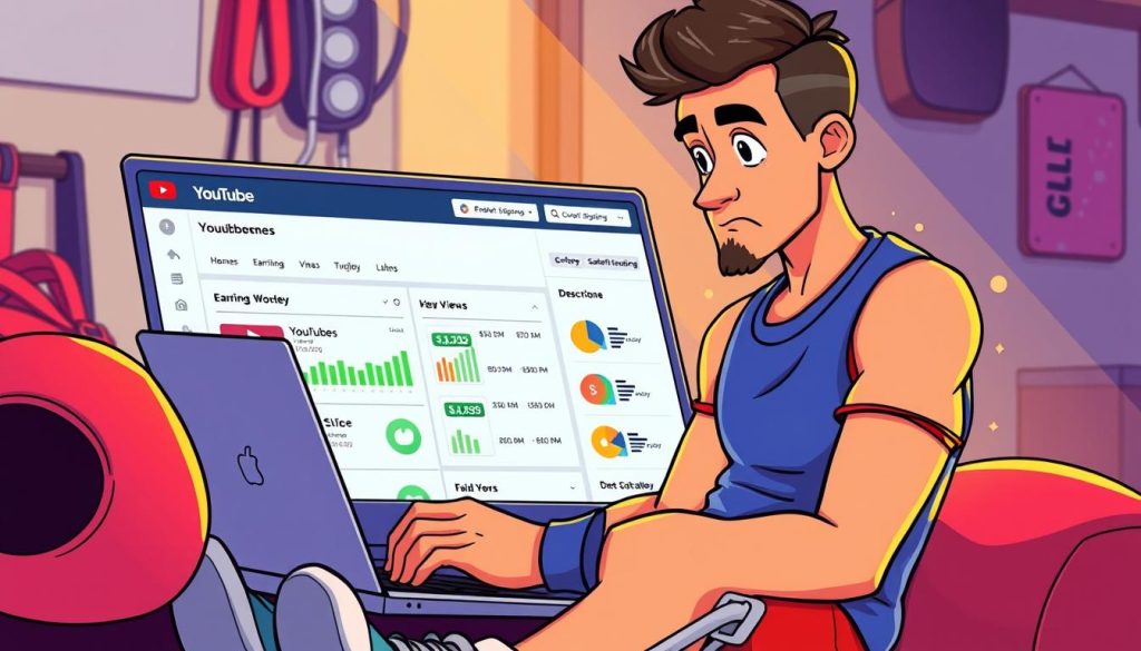A vibrant cartoon illustration depicting a YouTuber analyzing their AdSense earnings dashboard. The foreground features the YouTuber, dressed in casual athletic wear, intently studying the financial data on their laptop screen. The middle ground showcases the YouTube platform's UI, with views, likes, and subscriber count prominently displayed. The background subtly references the subject's athletic lifestyle, with sports equipment and training gear visible. The lighting is warm and inviting, creating a contemplative mood as the YouTuber ponders the implications of their YouTube income. The overall scene conveys the complex emotions and considerations involved in evaluating the financial realities of maintaining a successful vlogging career.