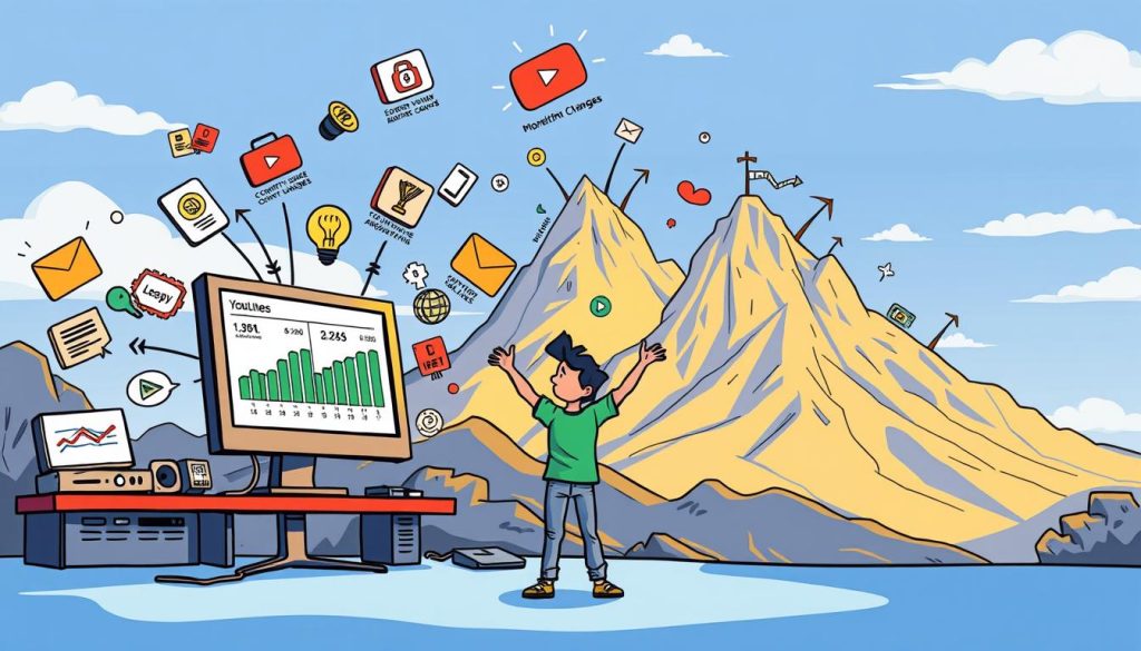 A vibrant cartoon illustration showcasing the conditions for earning revenue on YouTube. In the foreground, a YouTuber stands excitedly in front of a computer screen displaying income statistics and analytics. In the middle ground, various icons representing YouTube monetization policies, viewer engagement, and content guidelines swirl around the YouTuber. In the background, a towering mountain of challenges, including copyright issues, algorithm changes, and platform policies, looms ominously. The scene is bathed in a mix of hopeful blue and cautionary yellow tones, conveying the complex and ever-evolving nature of earning a living as a YouTube creator.