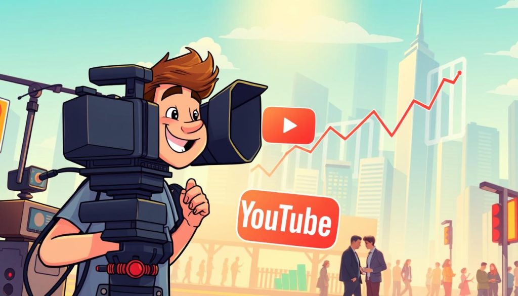 A vibrant cartoon illustration showcasing the process of earning income from YouTube. In the foreground, a cheerful YouTuber records content on a professional-grade camera, surrounded by various video production equipment. In the middle ground, the YouTube logo and a stream of analytics data representing channel growth and monetization. In the background, a bustling cityscape with skyscrapers and pedestrians, symbolizing the global reach and potential for financial success on the platform. The lighting is warm and inviting, creating a sense of excitement and opportunity. The overall composition conveys the excitement and rewards of building a successful YouTube channel.