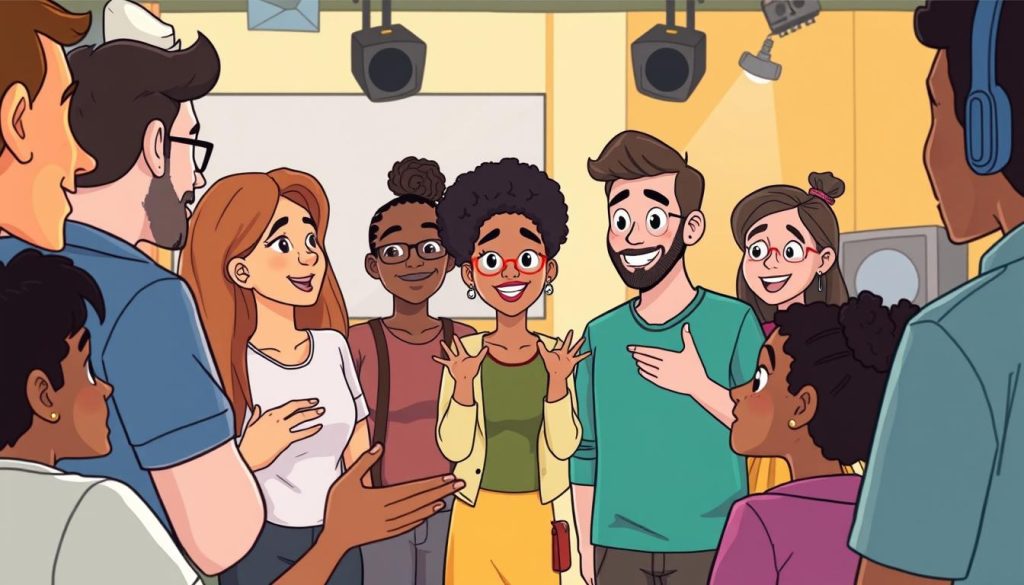 A vibrant cartoon scene of a diverse group of YouTube content creators actively engaging with their audience. In the foreground, a lively discussion unfolds as the creators listen intently, gesturing animatedly. The middle ground showcases the viewers, their faces expressive and attentive, eager to participate. The background depicts a warm, inviting studio setting, complete with modern equipment and colorful branding. Soft, diffused lighting illuminates the dynamic interaction, conveying a sense of collaboration and connection between the creators and their engaged community. A vibrant cartoon scene of a diverse group of YouTube content creators actively engaging with their audience. In the foreground, a lively discussion unfolds as the creators listen intently, gesturing animatedly. The middle ground showcases the viewers, their faces expressive and attentive, eager to participate. The background depicts a warm, inviting studio setting, complete with modern equipment and colorful branding. Soft, diffused lighting illuminates the dynamic interaction, conveying a sense of collaboration and connection between the creators and their engaged community.