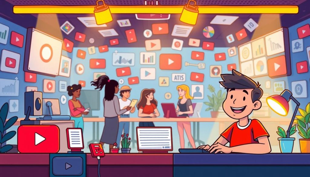 A vibrant, cartoon-style digital illustration depicting the various ways to earn income from a YouTube channel. In the foreground, a smiling character sits at a desk, surrounded by icons representing monetization methods like ads, sponsorships, and merchandise. In the middle ground, a group of diverse content creators collaborate and share ideas. In the background, a stylized world of YouTube thumbnails, analytics, and other platform elements create an immersive, tech-savvy atmosphere. The scene is bathed in warm, colorful lighting that conveys a sense of creativity, productivity, and financial opportunity.
