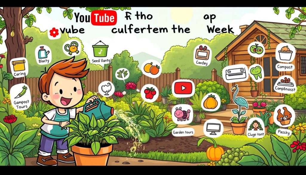 A vibrant, cartoon-style illustration depicting a collection of engaging YouTube content ideas for a home gardening and vegetable growing channel. In the foreground, a playful character waters a lush potted plant, surrounded by a variety of colorful, hand-drawn icons representing different video topics, such as seed planting, compost making, and garden tours. The middle ground features a flourishing garden scene with diverse flora and fauna, while the background showcases a cozy, sun-dappled home exterior, hinting at the channel's focus on sustainable, homegrown produce. The overall scene radiates a sense of creativity, inspiration, and a love for gardening and nature. A vibrant, cartoon-style illustration depicting a collection of engaging YouTube content ideas for a home gardening and vegetable growing channel. In the foreground, a playful character waters a lush potted plant, surrounded by a variety of colorful, hand-drawn icons representing different video topics, such as seed planting, compost making, and garden tours. The middle ground features a flourishing garden scene with diverse flora and fauna, while the background showcases a cozy, sun-dappled home exterior, hinting at the channel's focus on sustainable, homegrown produce. The overall scene radiates a sense of creativity, inspiration, and a love for gardening and nature.