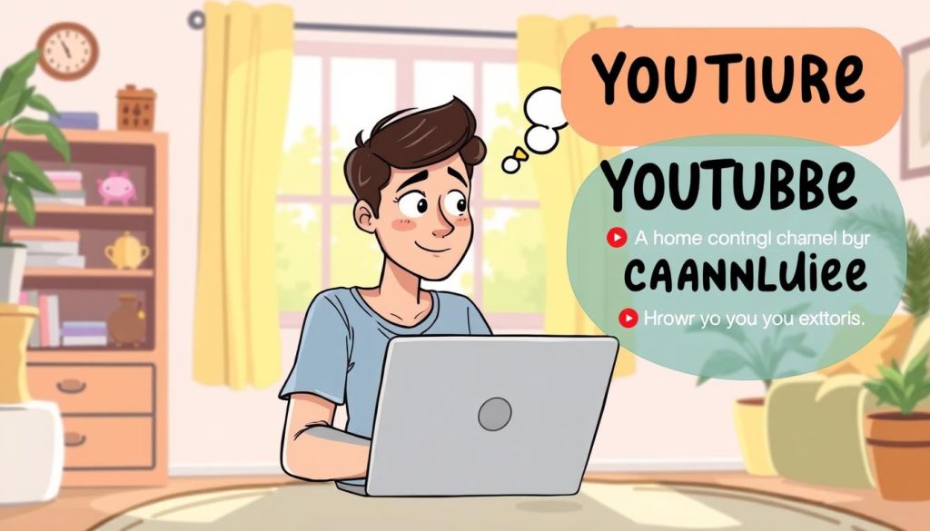 A vibrant, cartoon-style illustration depicting a cozy home setting with a person sitting in front of a laptop, deep in thought. The person's expression conveys a sense of inspiration and creativity as they consider starting a YouTube channel focused on home cleaning and organization services. The room is filled with natural light, giving it a warm and inviting atmosphere. In the background, there are subtle visual cues that suggest the benefits of having a YouTube channel, such as a growing subscriber count or positive viewer comments. The overall scene should capture the excitement and potential of creating a successful YouTube channel in the home services industry. A vibrant, cartoon-style illustration depicting a cozy home setting with a person sitting in front of a laptop, deep in thought. The person's expression conveys a sense of inspiration and creativity as they consider starting a YouTube channel focused on home cleaning and organization services. The room is filled with natural light, giving it a warm and inviting atmosphere. In the background, there are subtle visual cues that suggest the benefits of having a YouTube channel, such as a growing subscriber count or positive viewer comments. The overall scene should capture the excitement and potential of creating a successful YouTube channel in the home services industry.