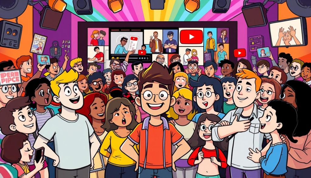 A vibrant, cartoon-style illustration depicting a group of animated characters engaged in a dynamic content creation strategy. In the foreground, a charismatic YouTuber stands confidently, surrounded by an energetic audience of diverse fans, each with their own unique personalities and expressions. The middle ground showcases a range of engaging content, from lively video footage to captivating visuals, all designed to captivate and retain the audience's attention. In the background, a colorful, interactive backdrop sets the stage, reflecting the excitement and interactivity of the YouTube channel. The overall scene conveys a sense of excitement, collaboration, and a strategic approach to building a loyal, engaged viewership.