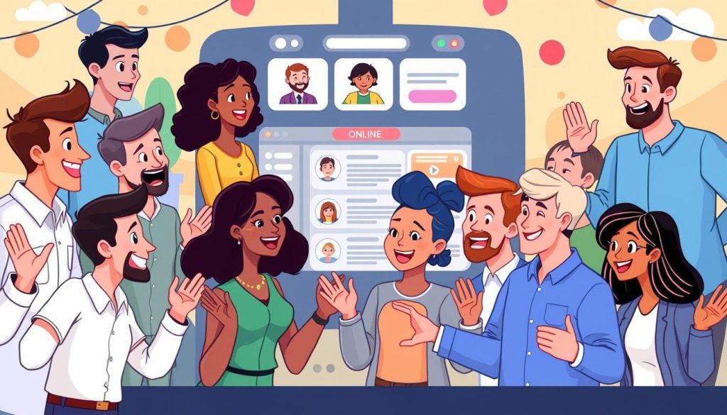 A vibrant, cartoon-style illustration depicting a group of diverse users enthusiastically interacting with an engaging online platform. The foreground showcases a variety of user avatars, each with a distinct personality, gesturing and conversing animatedly. The middle ground features a stylized user interface with intuitive controls and interactive elements, encouraging active participation. The background sets the scene with a whimsical, colorful environment that evokes a sense of playfulness and creativity. The overall composition conveys a lively, collaborative atmosphere, highlighting the importance of fostering meaningful user engagement and retention.