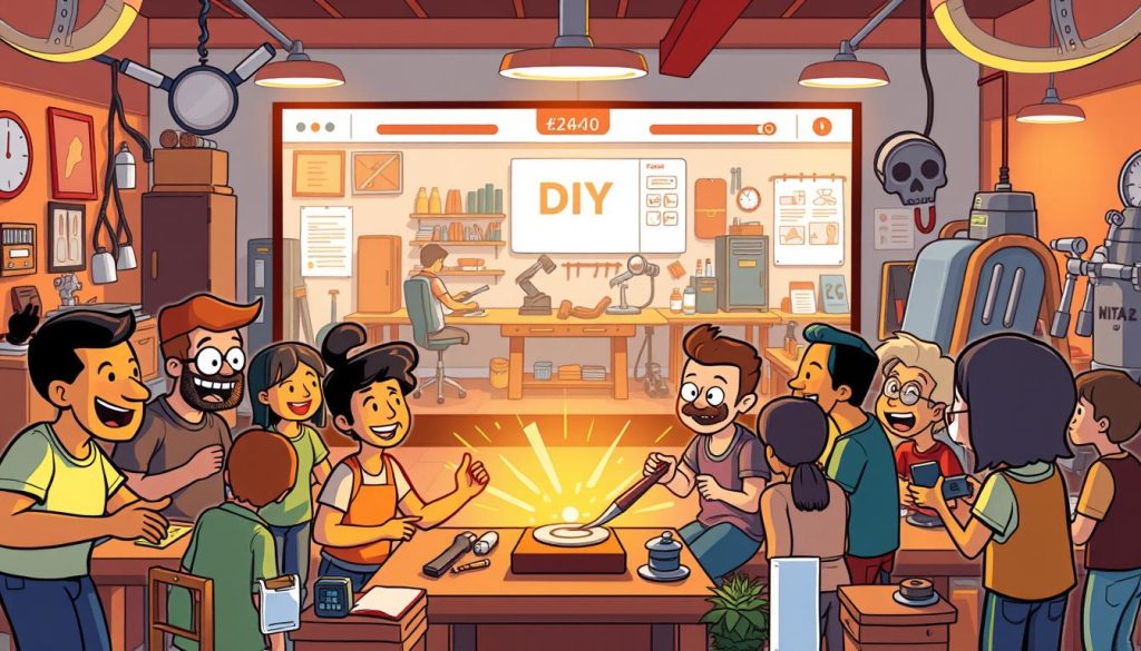 A vibrant, cartoon-style illustration depicting a lively online community of DIY metalworkers. In the foreground, a group of diverse, animated characters engage in animated discussions, sharing their projects and techniques. The middle ground showcases a dynamic virtual workshop, with tools, materials, and workbenches arranged in an inviting, organized manner. In the background, a warm, welcoming online platform interface provides a sense of connection and belonging. The overall scene conveys a spirit of creativity, collaboration, and enthusiastic engagement between the content creators and their supportive audience.