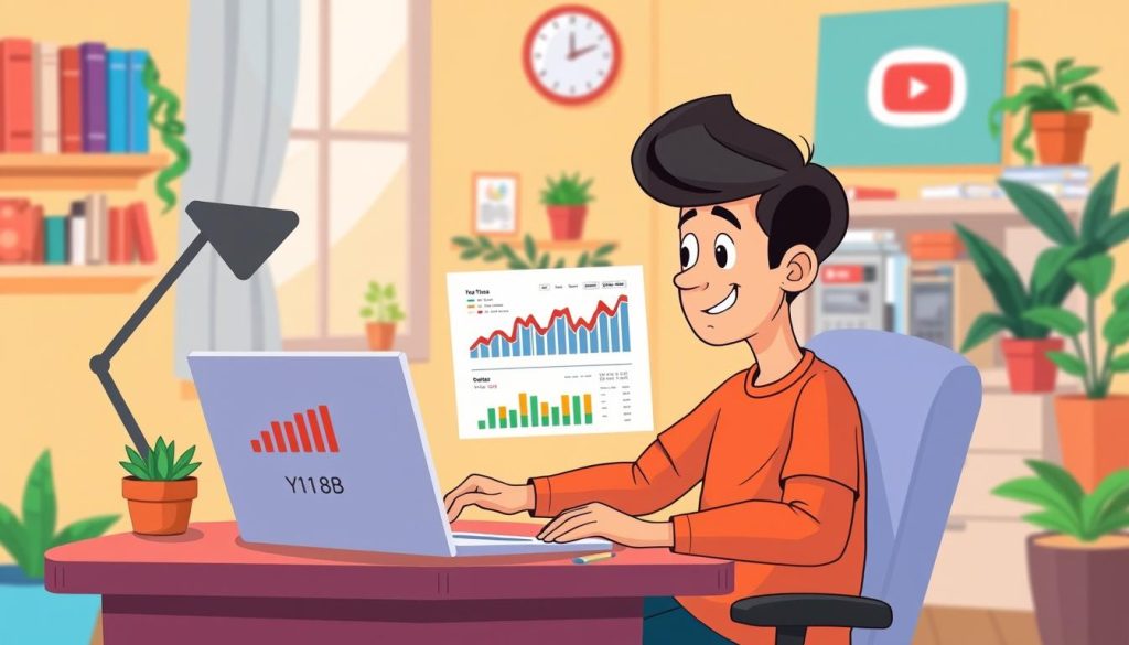 A vibrant, cartoon-style illustration depicting a person sitting at a desk, analyzing financial data and calculating revenue from their YouTube videos. The scene has a warm, inviting color palette, with the character surrounded by colorful charts, graphs, and a laptop displaying video analytics. The background features a cozy, home office setting, with bookshelves, plants, and other personal touches. The overall mood is one of focus, productivity, and a sense of achievement in understanding the financial aspects of running a successful YouTube channel.