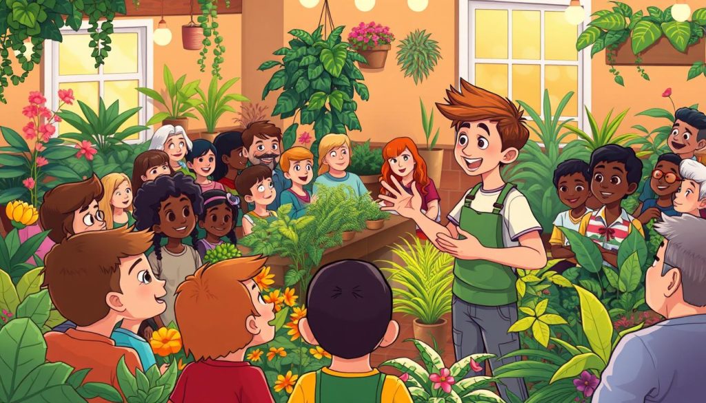 A vibrant, cartoon-style illustration depicting a young, enthusiastic gardener captivating a diverse audience with their passion for plants. The gardener stands in the foreground, gesturing animatedly while surrounded by lush, colorful foliage. In the middle ground, a crowd of attentive viewers, ranging from young to old, hang on the gardener's every word. The background features a cozy, homely setting with a neatly manicured garden, warm lighting, and a sense of tranquility. The overall scene conveys a mood of inspiration, engagement, and the joy of sharing one's horticultural expertise. A vibrant, cartoon-style illustration depicting a young, enthusiastic gardener captivating a diverse audience with their passion for plants. The gardener stands in the foreground, gesturing animatedly while surrounded by lush, colorful foliage. In the middle ground, a crowd of attentive viewers, ranging from young to old, hang on the gardener's every word. The background features a cozy, homely setting with a neatly manicured garden, warm lighting, and a sense of tranquility. The overall scene conveys a mood of inspiration, engagement, and the joy of sharing one's horticultural expertise.