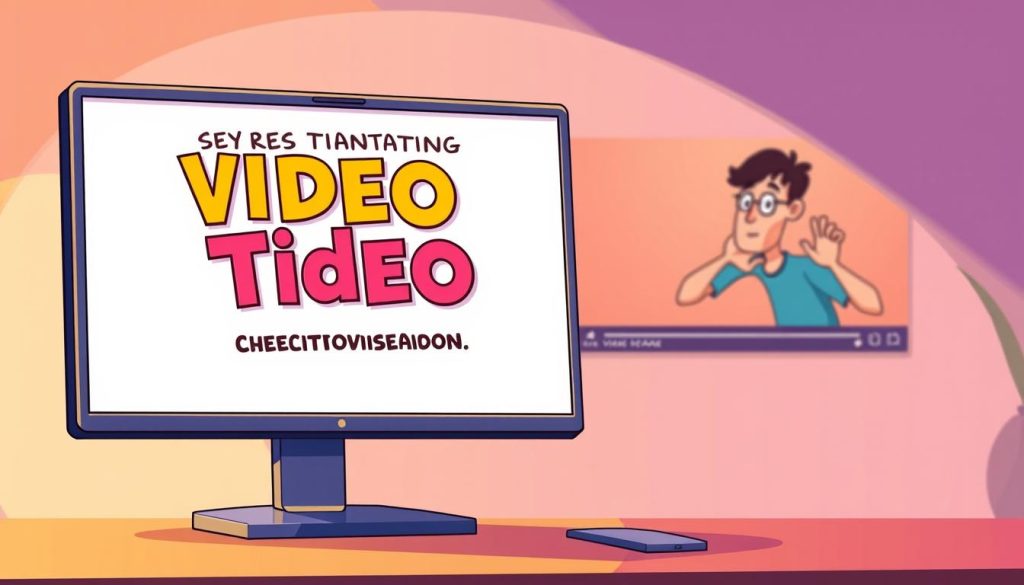 A vibrant, cartoon-style illustration depicting eye-catching video titles and effective SEO descriptions. The foreground features a desktop computer screen displaying colorful, dynamic text, representing the key elements of video optimization. The middle ground showcases a person, possibly a video creator or marketer, intently focused on the screen, gesturing with animated body language to convey the importance of these elements. The background blends complementary shades, creating a visually engaging and lively composition that captures the essence of the "Importance of Video Titles and Descriptions" section. The lighting is warm and inviting, with a slight soft-focus effect to draw the viewer's attention to the central elements. The overall mood is one of creativity, productivity, and the power of effective video SEO.