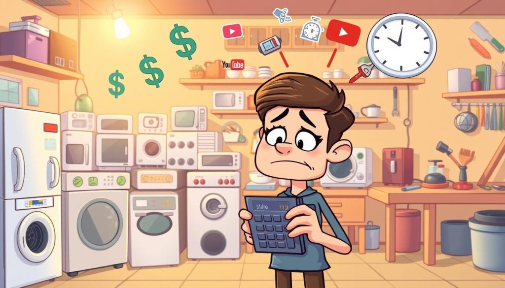 A vibrant cartoon-style illustration depicting the complexities of monetizing a YouTube channel for a home appliance repair business. The foreground features a frustrated YouTuber character holding a calculator, surrounded by floating dollar signs and icons representing YouTube analytics. The middle ground showcases a diverse range of household appliances in need of repair, hinting at the business opportunities. The background sets a warm, cozy atmosphere with tools, spare parts, and a workbench, suggesting the technical expertise required. Soft lighting, a cheerful color palette, and dynamic camera angles convey the challenges and potential rewards of leveraging YouTube for a home repair service.