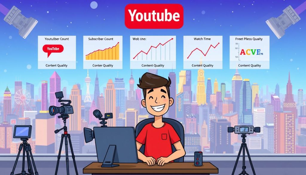 A vibrant, cartoon-style illustration depicting the conditions for generating income on YouTube and AdSense. In the foreground, a cheerful YouTuber sits at a desk, surrounded by a colorful array of video equipment, cameras, and lighting. In the middle ground, a series of graphs and charts illustrate the various metrics and milestones required for monetization, such as subscriber count, watch time, and content quality. In the background, a bustling city skyline with towering skyscrapers and a lively, energetic atmosphere sets the scene. The overall mood is one of optimism, opportunity, and the potential for success in the world of online content creation.
