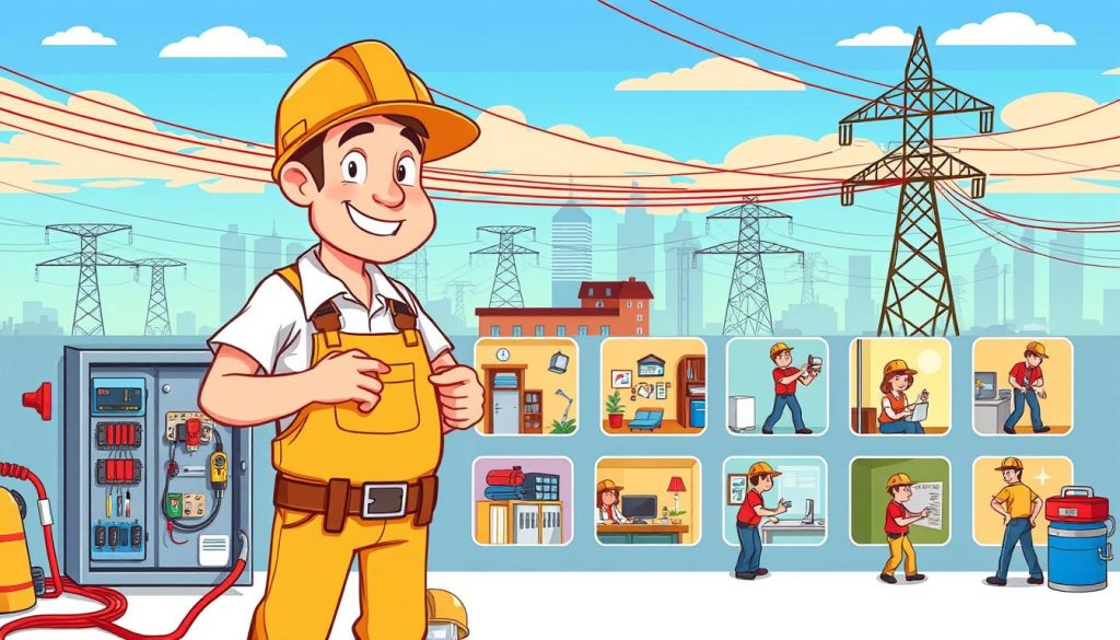 A vibrant, cartoon-style illustration depicting the daily activities of an electrician. In the foreground, an electrician in a hard hat and overalls is working on an electrical panel, surrounded by various tools and equipment. In the middle ground, a series of small vignettes showcase the electrician performing different tasks, such as wiring a home, installing a light fixture, or troubleshooting an issue. The background features a city skyline with power lines and electrical substations, creating a sense of the electrician's diverse work environment. The overall scene is brightly lit, with a playful, energetic atmosphere that captures the dynamic nature of an electrician's daily routine. A vibrant, cartoon-style illustration depicting the daily activities of an electrician. In the foreground, an electrician in a hard hat and overalls is working on an electrical panel, surrounded by various tools and equipment. In the middle ground, a series of small vignettes showcase the electrician performing different tasks, such as wiring a home, installing a light fixture, or troubleshooting an issue. The background features a city skyline with power lines and electrical substations, creating a sense of the electrician's diverse work environment. The overall scene is brightly lit, with a playful, energetic atmosphere that captures the dynamic nature of an electrician's daily routine.