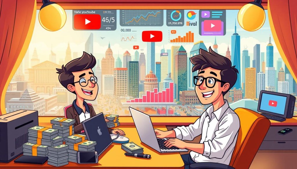 A vibrant, cartoon-style illustration depicting the financial aspects of a successful YouTube channel. In the foreground, a charismatic YouTuber sits at a desk, surrounded by stacks of cash, a laptop, and various digital devices. The middle ground showcases an array of colorful graphs, charts, and analytics, visualizing the channel's performance and revenue streams. In the background, a bustling cityscape with skyscrapers and lively activity reflects the scale and reach of the online platform. The lighting is warm and inviting, conveying a sense of prosperity and opportunity. The overall composition emphasizes the lucrative potential of a well-executed YouTube channel, catering to the article's focus on evaluating YouTube income. A vibrant, cartoon-style illustration depicting the financial aspects of a successful YouTube channel. In the foreground, a charismatic YouTuber sits at a desk, surrounded by stacks of cash, a laptop, and various digital devices. The middle ground showcases an array of colorful graphs, charts, and analytics, visualizing the channel's performance and revenue streams. In the background, a bustling cityscape with skyscrapers and lively activity reflects the scale and reach of the online platform. The lighting is warm and inviting, conveying a sense of prosperity and opportunity. The overall composition emphasizes the lucrative potential of a well-executed YouTube channel, catering to the article's focus on evaluating YouTube income.
