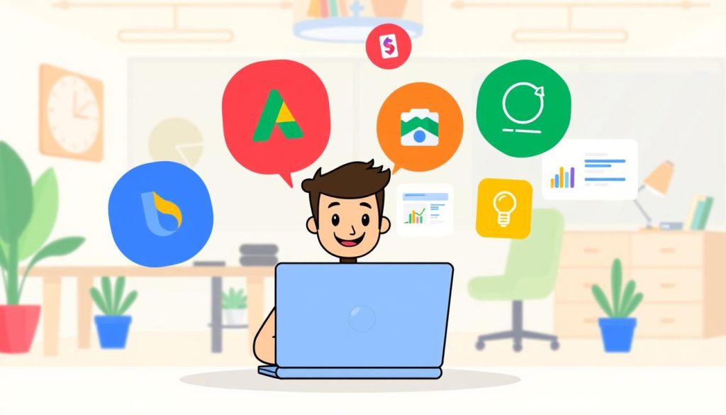 A vibrant, cartoon-style illustration depicting the key services of Google AdSense. In the foreground, a friendly, animated character sits at a laptop, monitoring their AdSense earnings dashboard. In the middle ground, colorful icons representing AdSense features like ad placement, optimization, and reporting float around. The background showcases a stylized, simplified office environment, with playful, geometric shapes and patterns creating a dynamic, energetic atmosphere. The overall scene conveys the user-friendly nature of AdSense and the excitement of earning revenue from online content.