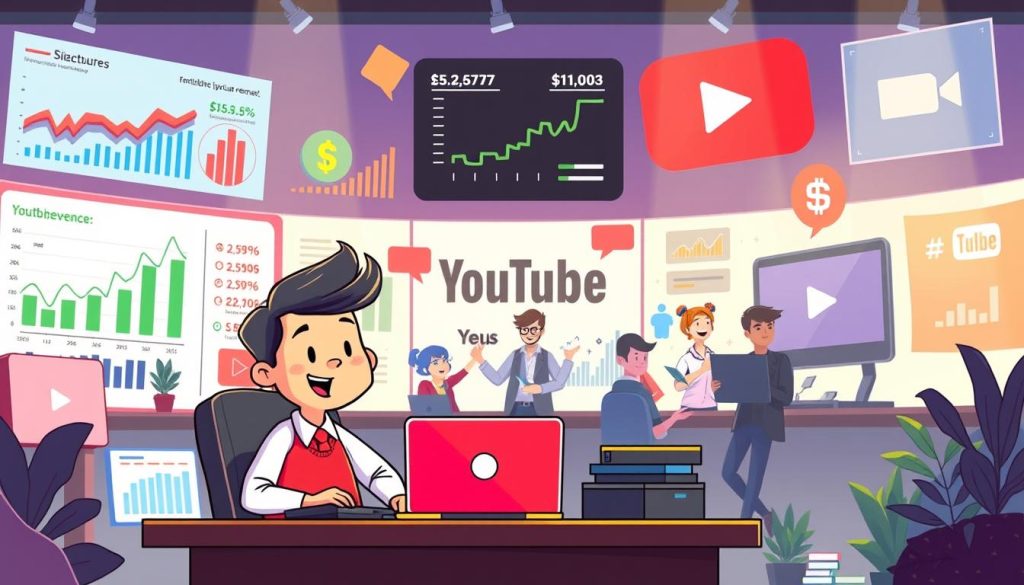 A vibrant, cartoon-style illustration depicting the process of calculating YouTube revenue. In the foreground, a friendly, animated YouTuber sits at a desk, surrounded by colorful graphs, charts, and data visualizations displaying key metrics like views, subscribers, and estimated earnings. In the middle ground, a team of animated budget analysts and accountants crunch numbers, while in the background, a stylized YouTube logo and video player frame the scene. The lighting is bright and cheerful, conveying a sense of financial success and creative fulfillment. The overall composition is dynamic and engaging, highlighting the technical and analytical aspects of managing a successful YouTube channel. A vibrant, cartoon-style illustration depicting the process of calculating YouTube revenue. In the foreground, a friendly, animated YouTuber sits at a desk, surrounded by colorful graphs, charts, and data visualizations displaying key metrics like views, subscribers, and estimated earnings. In the middle ground, a team of animated budget analysts and accountants crunch numbers, while in the background, a stylized YouTube logo and video player frame the scene. The lighting is bright and cheerful, conveying a sense of financial success and creative fulfillment. The overall composition is dynamic and engaging, highlighting the technical and analytical aspects of managing a successful YouTube channel.