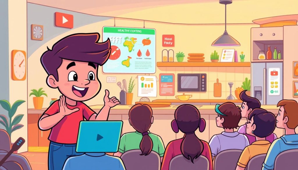 A vibrant, cartoon-style illustration depicting various strategies for attracting and engaging viewers. In the foreground, a friendly, animated YouTuber character presents engaging content, captivating the audience. In the middle ground, colorful infographics and interactive elements entice viewers to explore and interact. The background features a stylized, modern kitchen setting, hinting at the healthy cooking theme. Warm lighting, clean lines, and a playful, inviting atmosphere convey a sense of approachability and enthusiasm. The overall composition emphasizes the importance of diverse, visually appealing content and interactive elements in building a strong, loyal viewership. A vibrant, cartoon-style illustration depicting various strategies for attracting and engaging viewers. In the foreground, a friendly, animated YouTuber character presents engaging content, captivating the audience. In the middle ground, colorful infographics and interactive elements entice viewers to explore and interact. The background features a stylized, modern kitchen setting, hinting at the healthy cooking theme. Warm lighting, clean lines, and a playful, inviting atmosphere convey a sense of approachability and enthusiasm. The overall composition emphasizes the importance of diverse, visually appealing content and interactive elements in building a strong, loyal viewership.