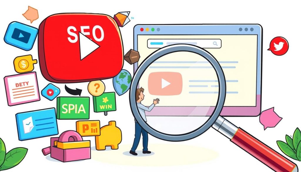 A vibrant cartoon-style illustration of "SEO for YouTube" showcasing a YouTube logo surrounded by colorful search engine optimization elements. In the foreground, a magnifying glass highlights key SEO metrics and optimization tools. The middle ground features a character representing a YouTube content creator, actively engaged in fine-tuning their video's tags, titles, and descriptions. The background depicts a stylized web browser window, emphasizing the importance of YouTube's search engine ranking for driving organic traffic to the channel. The overall scene conveys a sense of dynamism and the multifaceted nature of effective YouTube SEO strategies.