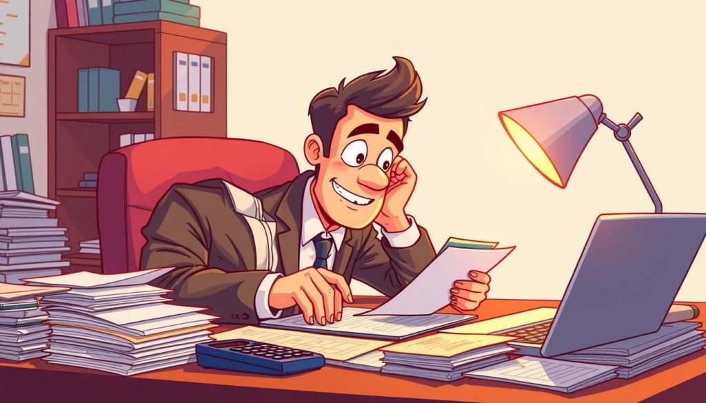 A vibrant, cartoon-style illustration of a businessman meticulously calculating financial figures on a desk, surrounded by stacks of papers, a laptop, and a calculator. The scene conveys a sense of focus and concentration, with the character's expression showcasing their attention to detail as they work to determine their income. The lighting is warm and inviting, highlighting the importance of this financial task. The background is clean and uncluttered, allowing the viewer to easily follow the subject's activities.