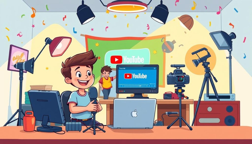 A vibrant, cartoon-style illustration of a person setting up a YouTube channel. In the foreground, a cheerful character sits at a desk, surrounded by a variety of colorful equipment and accessories - a microphone, camera, lighting setup, and a laptop displaying the YouTube interface. In the middle ground, additional characters assist with organizing the space and preparing the equipment. The background features a lively, playful environment, with elements like musical notes, confetti, and other whimsical details that capture the "fun and humorous sports moments" theme of the YouTube channel. The lighting is bright and cheerful, creating an upbeat, energetic atmosphere that invites the viewer to engage with the content. A vibrant, cartoon-style illustration of a person setting up a YouTube channel. In the foreground, a cheerful character sits at a desk, surrounded by a variety of colorful equipment and accessories - a microphone, camera, lighting setup, and a laptop displaying the YouTube interface. In the middle ground, additional characters assist with organizing the space and preparing the equipment. The background features a lively, playful environment, with elements like musical notes, confetti, and other whimsical details that capture the "fun and humorous sports moments" theme of the YouTube channel. The lighting is bright and cheerful, creating an upbeat, energetic atmosphere that invites the viewer to engage with the content.