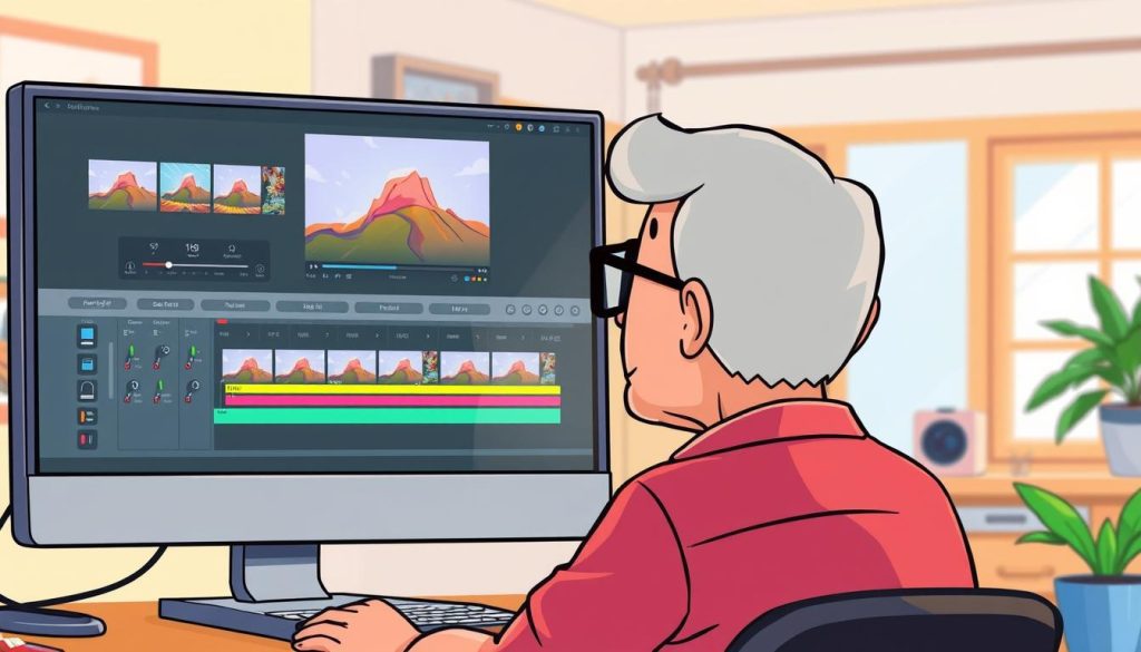 A vibrant, cartoon-style illustration of a video editing software interface. In the foreground, a desktop computer screen displays an intuitive video editing suite with timeline, playback controls, and a variety of editing tools. The middle ground features a person, slightly older in appearance, sitting at the computer and intently focused on the task at hand. The background showcases a warm, inviting home office setting with natural lighting filtering in through a window. The overall mood is one of productivity, ease, and a sense of mastery over the video editing process, suitable for an audience of older content creators. A vibrant, cartoon-style illustration of a video editing software interface. In the foreground, a desktop computer screen displays an intuitive video editing suite with timeline, playback controls, and a variety of editing tools. The middle ground features a person, slightly older in appearance, sitting at the computer and intently focused on the task at hand. The background showcases a warm, inviting home office setting with natural lighting filtering in through a window. The overall mood is one of productivity, ease, and a sense of mastery over the video editing process, suitable for an audience of older content creators.