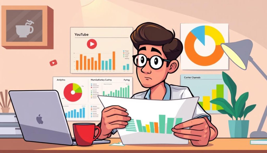 A vibrant, cartoon-style illustration of an individual reviewing their YouTube earnings dashboard, surrounded by colorful pie charts, bar graphs, and financial data visualizations. The scene depicts a focused, pensive expression as the person analyzes the analytics and monetization metrics of their YouTube channel. The background features a clean, minimalist workspace with a laptop, coffee mug, and other office accessories, establishing a professional, analytical atmosphere. Warm lighting casts a soft glow, creating a contemplative mood as the subject delves into the financial implications of their YouTube content creation efforts. A vibrant, cartoon-style illustration of an individual reviewing their YouTube earnings dashboard, surrounded by colorful pie charts, bar graphs, and financial data visualizations. The scene depicts a focused, pensive expression as the person analyzes the analytics and monetization metrics of their YouTube channel. The background features a clean, minimalist workspace with a laptop, coffee mug, and other office accessories, establishing a professional, analytical atmosphere. Warm lighting casts a soft glow, creating a contemplative mood as the subject delves into the financial implications of their YouTube content creation efforts.