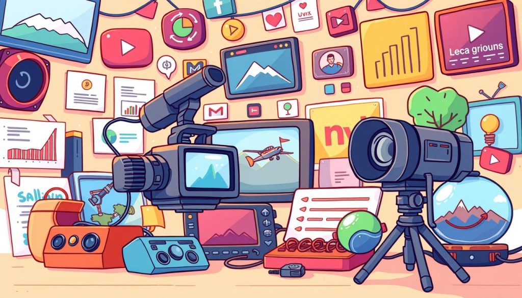 A vibrant, cartoon-style illustration of diverse video content, including a video camera, microphone, and various media elements like graphs, charts, and icons. The scene depicts a lively, creative atmosphere, with a warm, inviting color palette and a sense of energy and dynamism. The composition should be well-balanced, with the key elements arranged in an eye-catching and visually engaging manner, highlighting the idea of curating and producing engaging video content for a YouTube channel focused on global travel and sports tours. A vibrant, cartoon-style illustration of diverse video content, including a video camera, microphone, and various media elements like graphs, charts, and icons. The scene depicts a lively, creative atmosphere, with a warm, inviting color palette and a sense of energy and dynamism. The composition should be well-balanced, with the key elements arranged in an eye-catching and visually engaging manner, highlighting the idea of curating and producing engaging video content for a YouTube channel focused on global travel and sports tours.