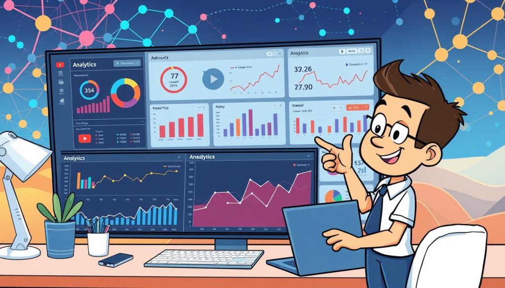 A vibrant, cartoon-style illustration of "آنالیتیکس یوتیوب" showcasing detailed analytics dashboards, charts, and graphs. The foreground features a friendly, animated character interacting with the data, gesturing towards insightful metrics and visualizations. The middle ground encompasses a clean, organized workspace with a laptop, smartphone, and other productivity tools. The background depicts a colorful, abstract landscape of interconnected nodes and data streams, conveying the dynamic nature of YouTube channel analytics. The overall scene exudes a sense of analytical mastery, productivity, and a passion for data-driven optimization.