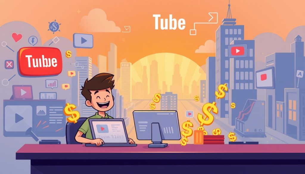 A vibrant, cartoon-style illustration showcasing the calculation of YouTube revenue. In the foreground, a cheerful YouTuber sits at a desk, surrounded by glowing dollar signs and a laptop displaying analytical data. The middle ground features a playful assortment of YouTube icons, video thumbnails, and monetization metrics. The background depicts a stylized cityscape, with skyscrapers and streets hinting at the global reach of the platform. Warm lighting and a dynamic composition capture the excitement and potential of earning from YouTube content creation. The overall mood is upbeat, informative, and visually engaging, perfectly capturing the essence of the "Calculating YouTube Income" section.