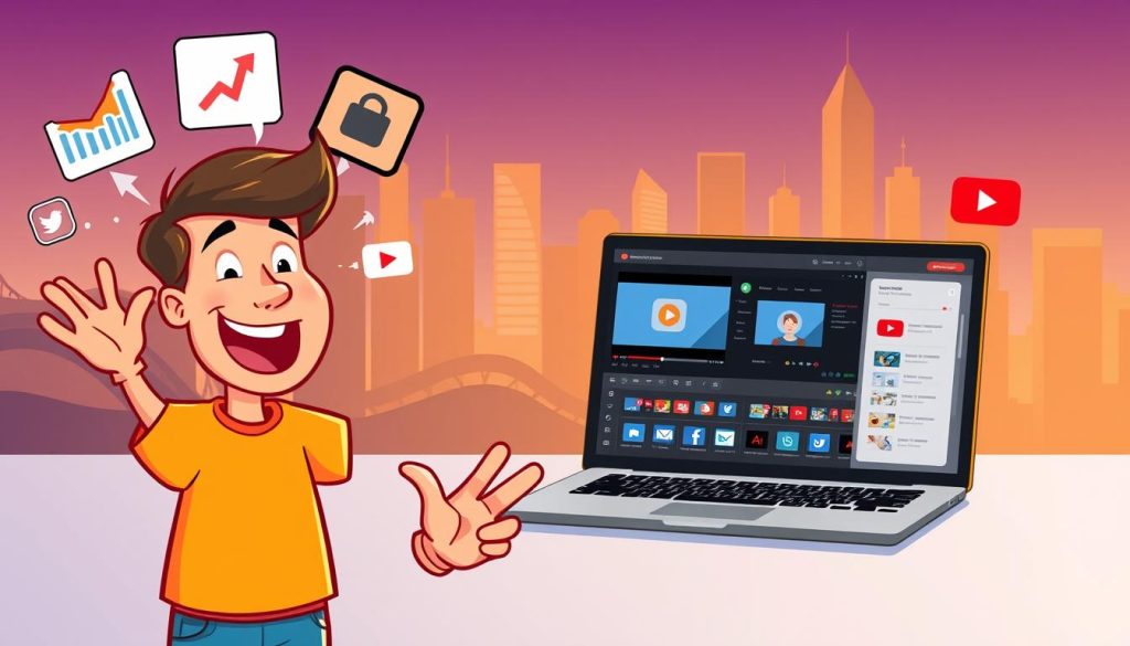 A vibrant, cartoon-style illustration showcasing the importance of video marketing and SEO for your YouTube channel. In the foreground, a dynamic character gestures enthusiastically, surrounded by digital elements like analytics graphs, social media icons, and video play buttons. In the middle ground, a modern laptop displays video editing software, while the background features a stylized city skyline, representing the vast online landscape. Warm lighting and a lively color palette convey the energy and potential of effective video marketing strategies. A vibrant, cartoon-style illustration showcasing the importance of video marketing and SEO for your YouTube channel. In the foreground, a dynamic character gestures enthusiastically, surrounded by digital elements like analytics graphs, social media icons, and video play buttons. In the middle ground, a modern laptop displays video editing software, while the background features a stylized city skyline, representing the vast online landscape. Warm lighting and a lively color palette convey the energy and potential of effective video marketing strategies.