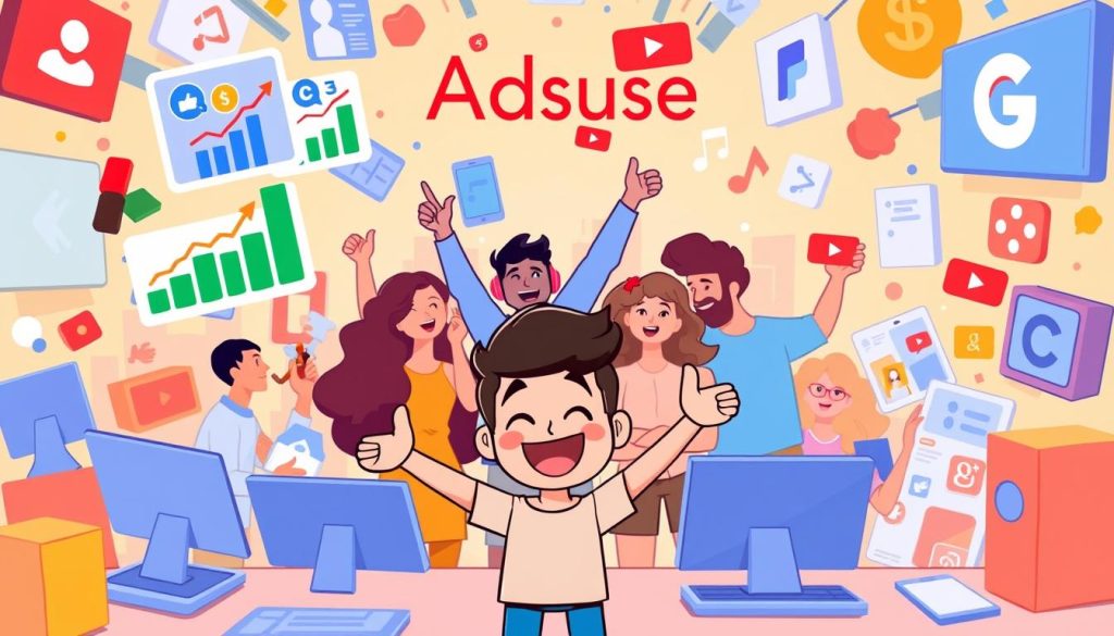 A vibrant cartoon-style illustration showcasing the services of Google AdSense and YouTube monetization. In the foreground, a friendly YouTuber character joyfully tracks their revenue, with colorful charts and graphs floating around them. In the middle ground, a diverse group of online creators and influencers celebrate their earnings, high-fiving and exchanging thumbs up. The background depicts a bustling digital landscape, with an array of electronic devices, social media icons, and a warm, whimsical color palette that evokes a sense of creativity and financial success. The overall scene conveys the excitement and potential of leveraging online platforms to generate income.