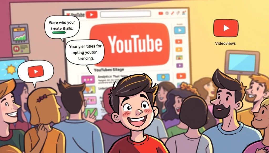 A vibrant, cartoon-style illustration showcasing various strategies for attracting viewers to a YouTube channel. In the foreground, a cheerful YouTuber shares ideas, like creating engaging content, optimizing titles and thumbnails, and leveraging trending topics. In the middle ground, viewers eagerly watch and interact, their expressions full of interest. The background depicts the YouTube platform, with colorful icons and graphics representing analytics, subscriber growth, and video views. The scene is bathed in a warm, inviting light, conveying a sense of positivity and the potential for success on the platform.
