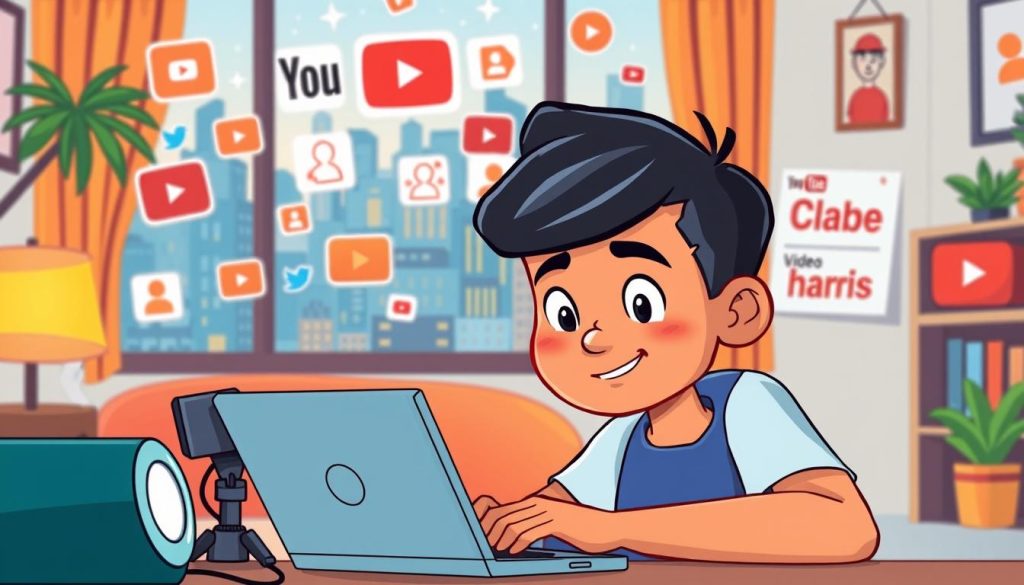 A vibrant cartoon-style scene depicting a content creator captivated by their laptop, immersed in the process of crafting engaging, high-quality YouTube videos. The foreground features the creator, surrounded by a colorful array of multimedia tools and inspiration, their face alight with determination. The middle ground showcases a dynamic backdrop of social media platforms, subscribers, and video analytics, symbolizing the interactive nature of the content. In the background, a stylized cityscape or home setting provides a cozy, relatable environment, emphasizing the accessibility and approachability of the content creation journey. Warm, inviting lighting and a playful, energetic color palette convey the enthusiasm and excitement of building a successful YouTube channel for home cleaning services. A vibrant cartoon-style scene depicting a content creator captivated by their laptop, immersed in the process of crafting engaging, high-quality YouTube videos. The foreground features the creator, surrounded by a colorful array of multimedia tools and inspiration, their face alight with determination. The middle ground showcases a dynamic backdrop of social media platforms, subscribers, and video analytics, symbolizing the interactive nature of the content. In the background, a stylized cityscape or home setting provides a cozy, relatable environment, emphasizing the accessibility and approachability of the content creation journey. Warm, inviting lighting and a playful, energetic color palette convey the enthusiasm and excitement of building a successful YouTube channel for home cleaning services.