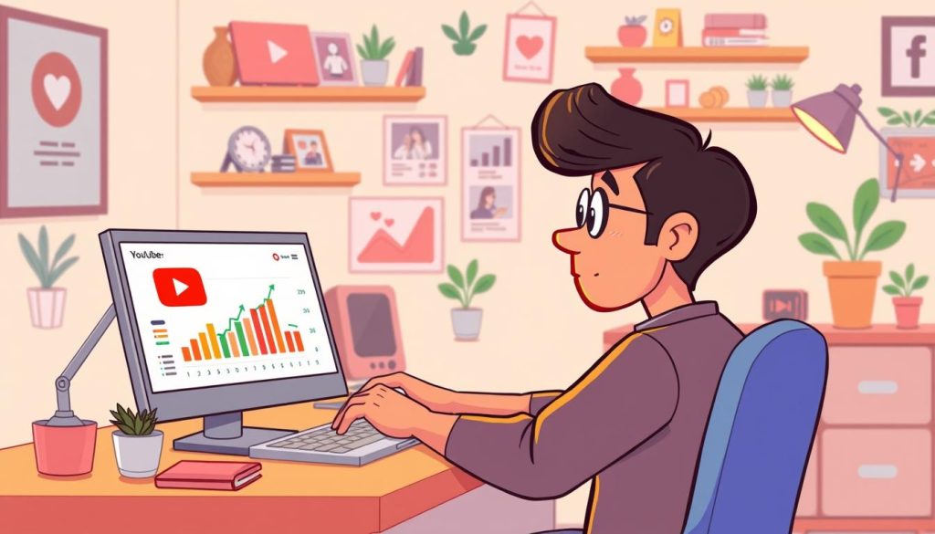 A vibrant, cartoonish illustration of a person meticulously calculating their YouTube channel's income. The foreground features a character sitting at a desk, intently focused on a laptop screen displaying charts and graphs. The middle ground showcases various YouTube-related icons and symbols, such as a play button, subscriber count, and video thumbnails. The background depicts a cozy, home office setting with shelves, plants, and personal mementos, all rendered in a cheerful, whimsical style. Warm, diffused lighting casts a welcoming glow, and the composition is balanced, drawing the viewer's attention to the central financial analysis task. The overall mood is one of organization, productivity, and excitement about monetizing creative content. A vibrant, cartoonish illustration of a person meticulously calculating their YouTube channel's income. The foreground features a character sitting at a desk, intently focused on a laptop screen displaying charts and graphs. The middle ground showcases various YouTube-related icons and symbols, such as a play button, subscriber count, and video thumbnails. The background depicts a cozy, home office setting with shelves, plants, and personal mementos, all rendered in a cheerful, whimsical style. Warm, diffused lighting casts a welcoming glow, and the composition is balanced, drawing the viewer's attention to the central financial analysis task. The overall mood is one of organization, productivity, and excitement about monetizing creative content.