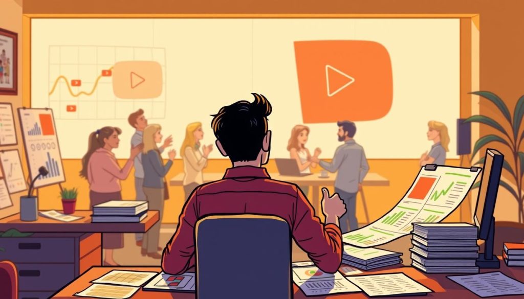 A vibrant, cartoonish scene depicting the analysis and evaluation of YouTube income. In the foreground, a person sits at a desk, surrounded by charts, graphs, and financial documents, meticulously examining the financial data. In the middle ground, a group of YouTube creators engage in discussions, gesturing animatedly as they discuss monetization strategies. In the background, a stylized representation of the YouTube platform, with its iconic play button and familiar interface elements. The lighting is warm and inviting, creating a sense of focus and productivity. The overall atmosphere conveys the complex process of optimizing and understanding YouTube revenue streams. A vibrant, cartoonish scene depicting the analysis and evaluation of YouTube income. In the foreground, a person sits at a desk, surrounded by charts, graphs, and financial documents, meticulously examining the financial data. In the middle ground, a group of YouTube creators engage in discussions, gesturing animatedly as they discuss monetization strategies. In the background, a stylized representation of the YouTube platform, with its iconic play button and familiar interface elements. The lighting is warm and inviting, creating a sense of focus and productivity. The overall atmosphere conveys the complex process of optimizing and understanding YouTube revenue streams.