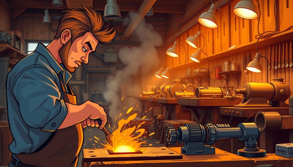 A vibrant, cinematic scene showcasing the latest trends in metalworking. In the foreground, a skilled artisan carefully shapes a molten piece of steel with precise, fluid motions, the glow of the forge illuminating their determined expression. In the middle ground, an array of cutting-edge tools and machinery hum with power, their sleek, futuristic designs suggesting advanced capabilities. The background is a bustling workshop, filled with the rich textures of weathered wood, aged metal, and the warm, amber light of strategically placed task lamps, creating an atmosphere of creative innovation and timeless craftsmanship.