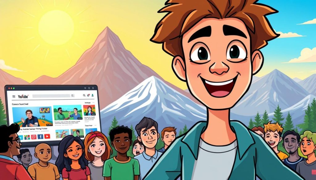 A vibrant, colorful illustration depicting the key elements for success on YouTube. In the foreground, a confident, animated YouTuber stands before a camera, gesturing enthusiastically. Behind them, a dynamic visual landscape unfolds - a bustling YouTube interface with colorful icons, subscriber counts, and engaging video thumbnails. The middle ground features a group of diverse viewers, their faces alight with excitement as they engage with the content. In the background, a towering mountain range symbolizes the challenges and peaks to be conquered, while a glowing sun illuminates the scene with an atmosphere of positivity and achievement. The overall composition conveys a sense of energy, creativity, and the potential for growth and success on the YouTube platform.
