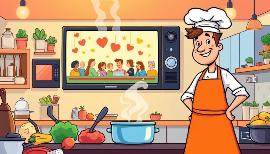 A vibrant, colorful illustration showcasing the benefits of launching a cooking YouTube channel. In the foreground, a chef in a bright apron stands proudly, spatula in hand, surrounded by various cooking utensils and a steaming pot. In the middle ground, a cartoon-style television display shows a growing audience watching the chef's cooking tutorials, with hearts and stars emanating from the screen. The background depicts a modern kitchen filled with warm, inviting lighting, fresh ingredients, and various appliances, all hinting at the versatility and convenience of using YouTube to share culinary expertise. The overall mood is upbeat, encouraging, and filled with the joy of cooking and connecting with a digital audience. A vibrant, colorful illustration showcasing the benefits of launching a cooking YouTube channel. In the foreground, a chef in a bright apron stands proudly, spatula in hand, surrounded by various cooking utensils and a steaming pot. In the middle ground, a cartoon-style television display shows a growing audience watching the chef's cooking tutorials, with hearts and stars emanating from the screen. The background depicts a modern kitchen filled with warm, inviting lighting, fresh ingredients, and various appliances, all hinting at the versatility and convenience of using YouTube to share culinary expertise. The overall mood is upbeat, encouraging, and filled with the joy of cooking and connecting with a digital audience.